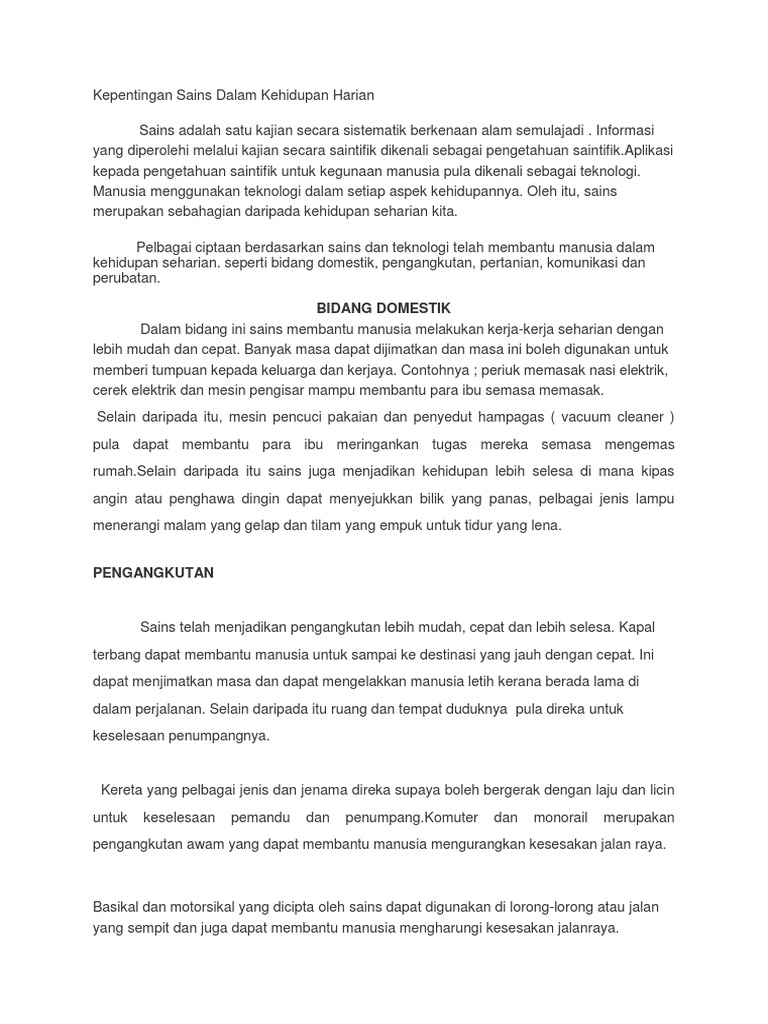 contoh contoh kepentingan sains dalam kehidupan seharian