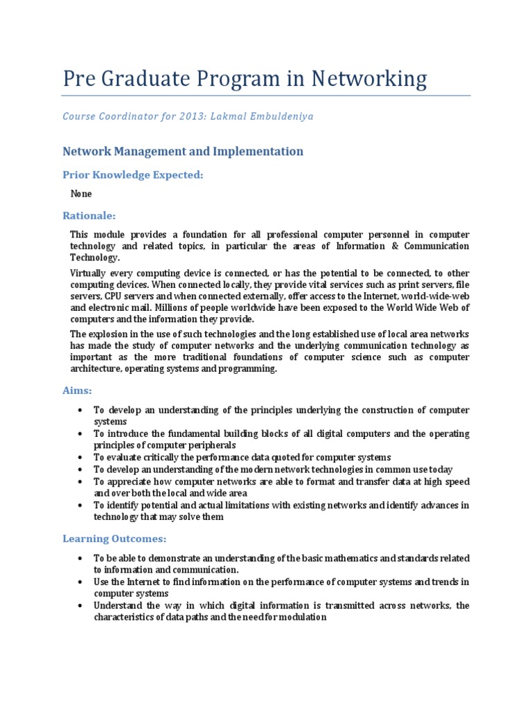Pre Graduate Program in Networking Syllabus