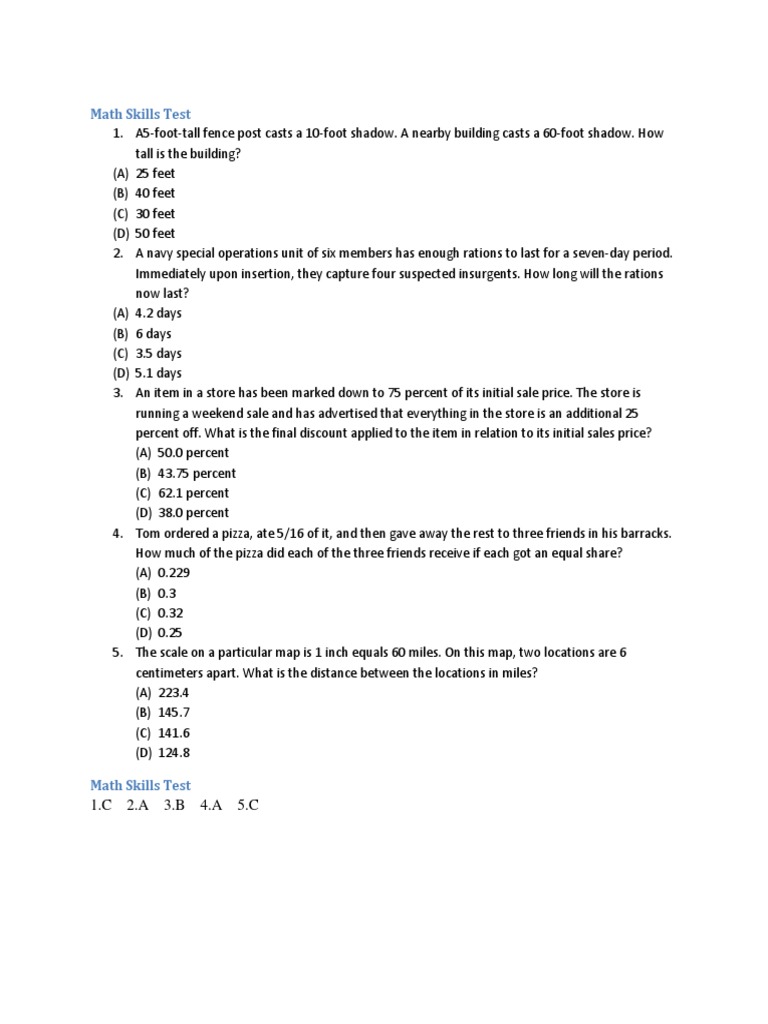 Math Skills Assessment Questions | PDF