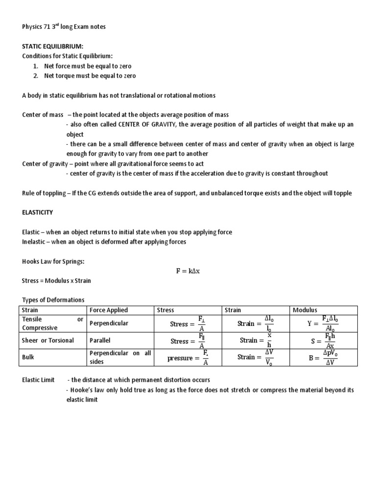 Physics 71 Exam Notes: Equilibrium & Waves | PDF | Buoyancy | Orbit