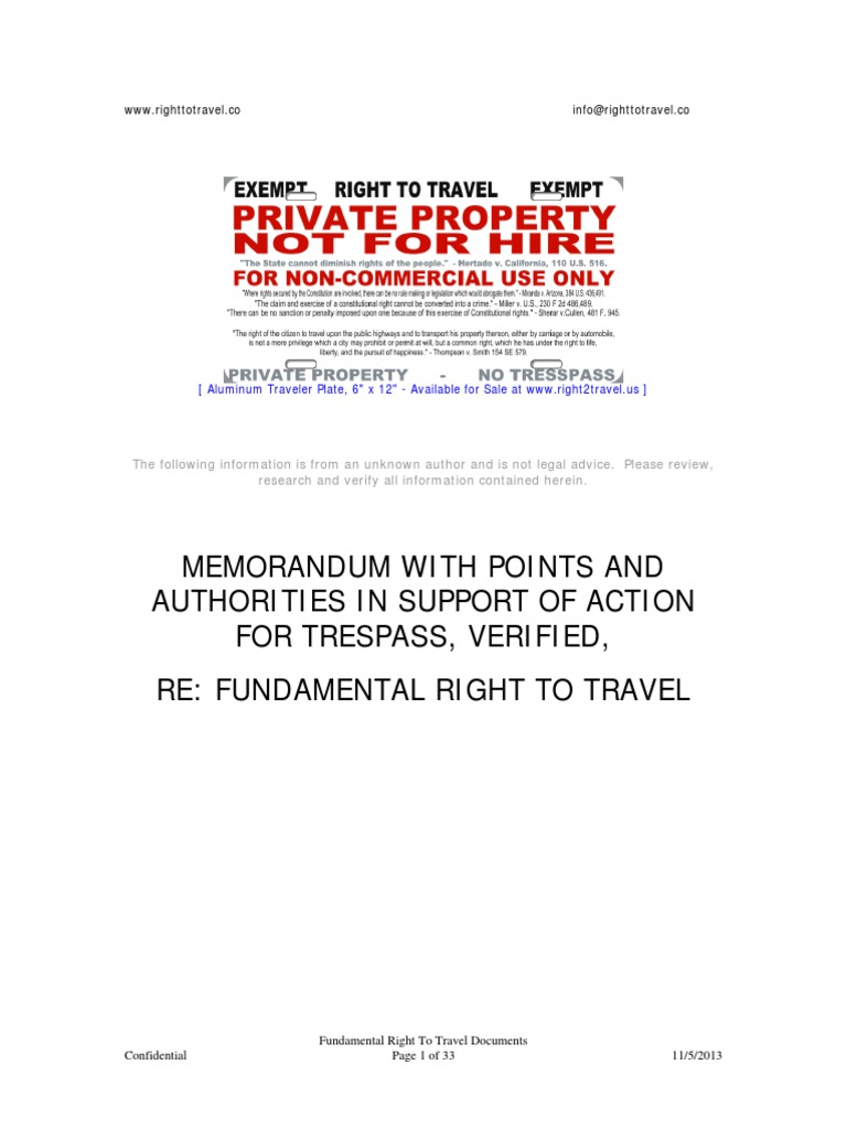 20131026 Memorandum Right To Travel Vol 1 PDF United States