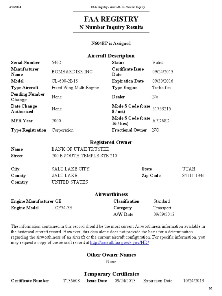 FAA Registry Aircraft NNumber Inquiry