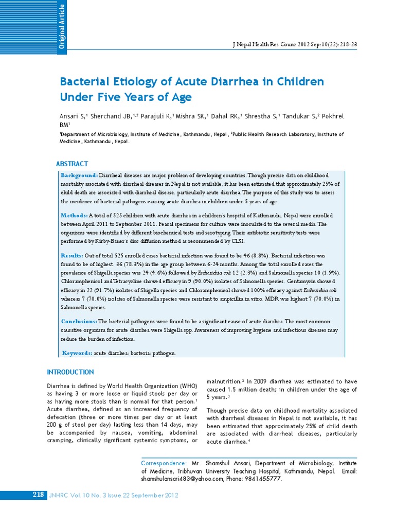 Bacterial Etiology of Acute Diarrhea in Children Under Five Years of ...