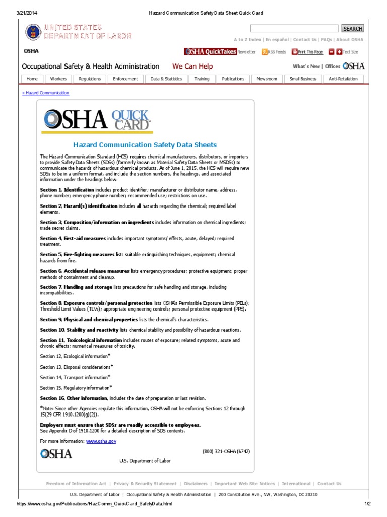 Hazard Communication Safety Data Sheet Quick Card PDF Occupational