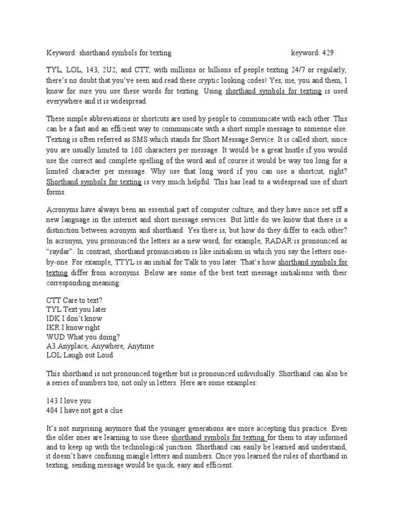 Shorthand Symbols for Texting Shorthand Text Messaging