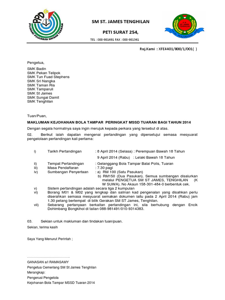 Surat Makluman Kejohanan Balapan Dan Padang Untuk Penyertaan Ibubapa
