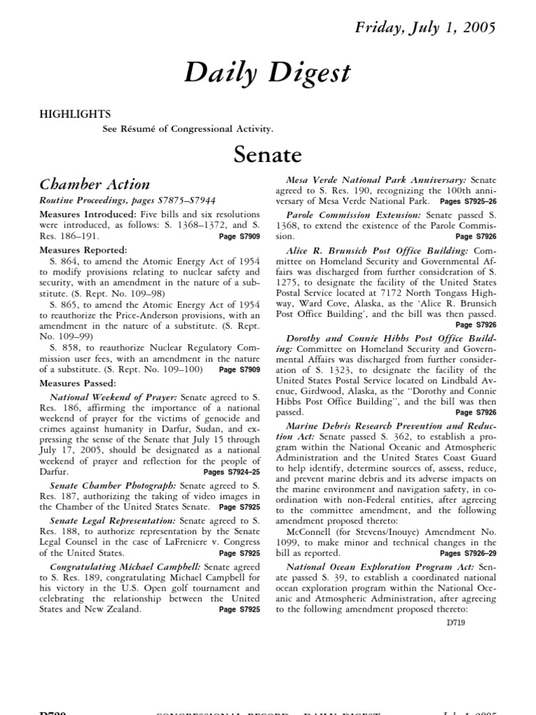 US Congressional Record Daily Digest 01 July 2005 | PDF | United States ...