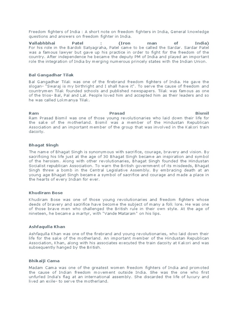 Key Freedom Fighters of India | PDF | Indian Independence Movement ...