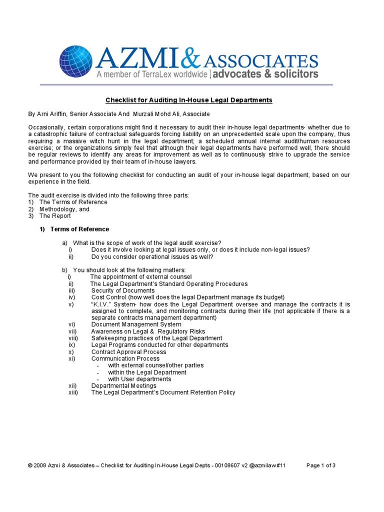 Checklist for Auditing in-House Legal Depts | Internal Audit | Audit