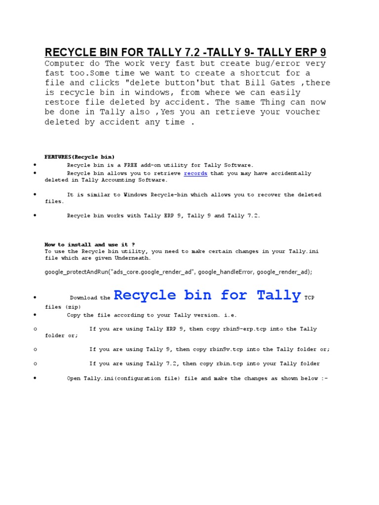Recycle Bin For Tally 7.2 Tally 9Tally Erp 9 PDF Computer File Computing Platforms