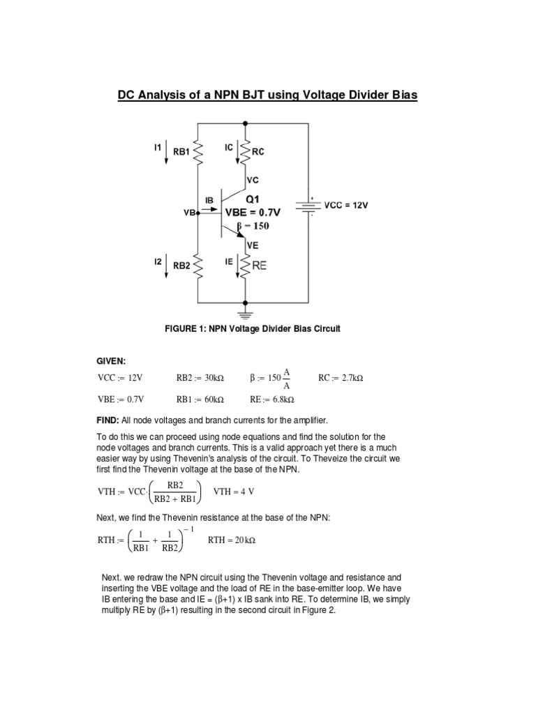 DC Analysis of A NPN BJT Using Voltage Divider Bias PDF Analog Circuits Bipolar Junction