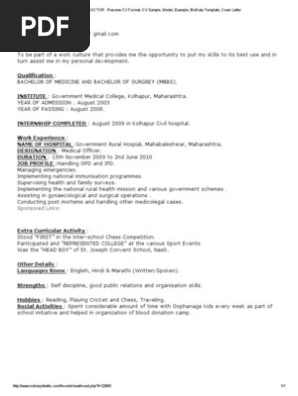 Mbbs Doctor Resume Cv Format Cv Sample Model Example Biodata