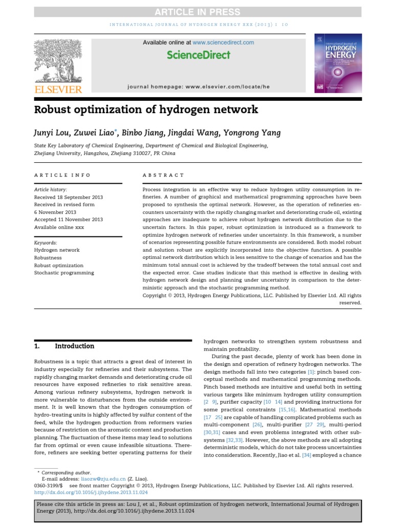 2014 - Robust Optimization of Hydrogen Network | PDF | Mathematical ...