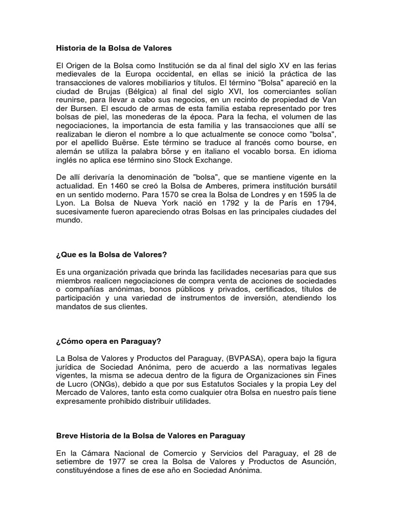 Historia de la Bolsa de Valores | PDF | Bolsa | Compartir (Finanzas)