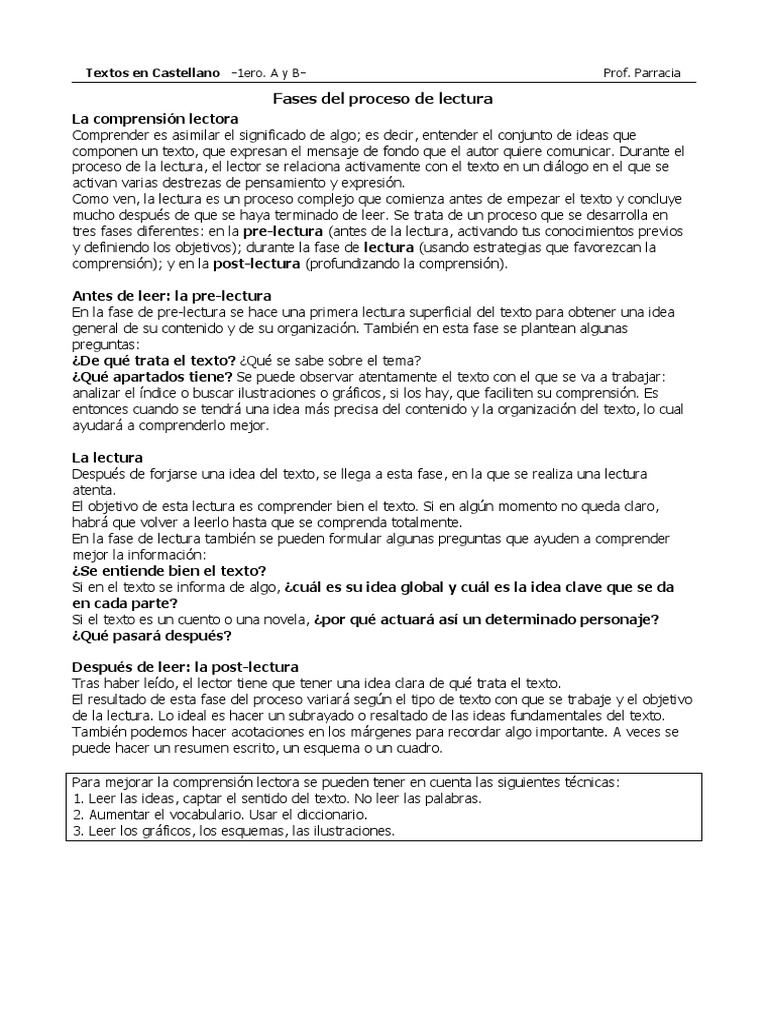 Fases del Proceso de Lectura Comprensiva | PDF | Lectura (proceso ...