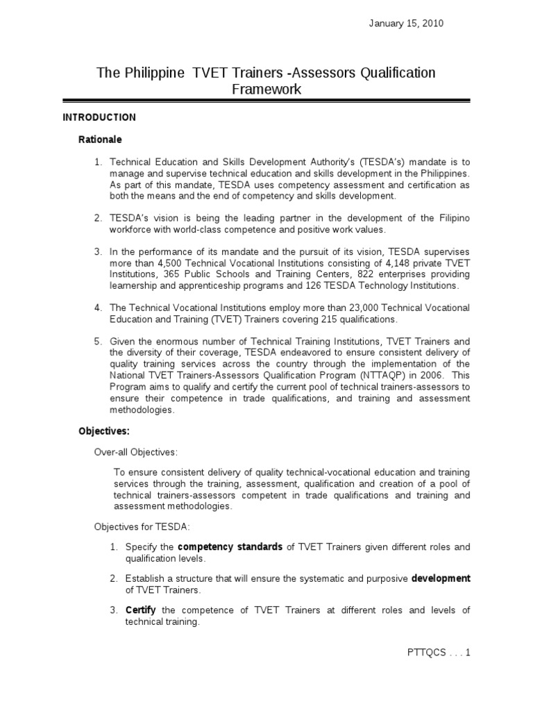 The Philippine TVET Trainers - Assessors Qualification Framework | PDF ...