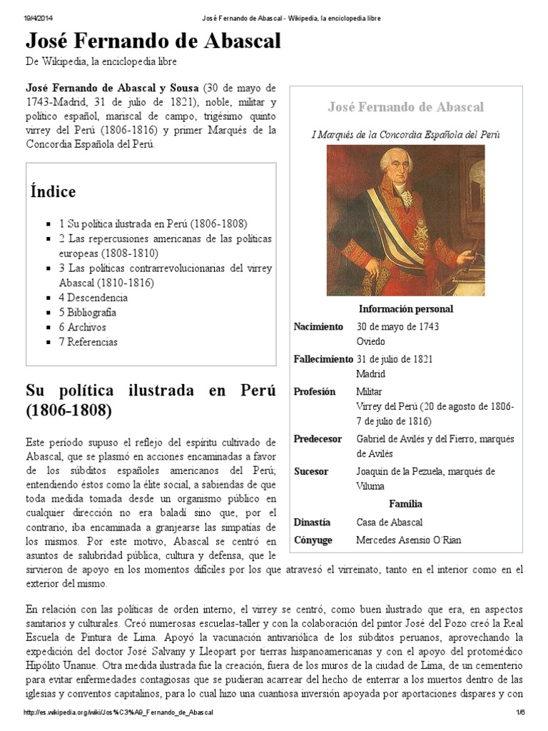 José Fernando de Abascal - Wikipedia, La Enciclopedia Libre | PDF ...