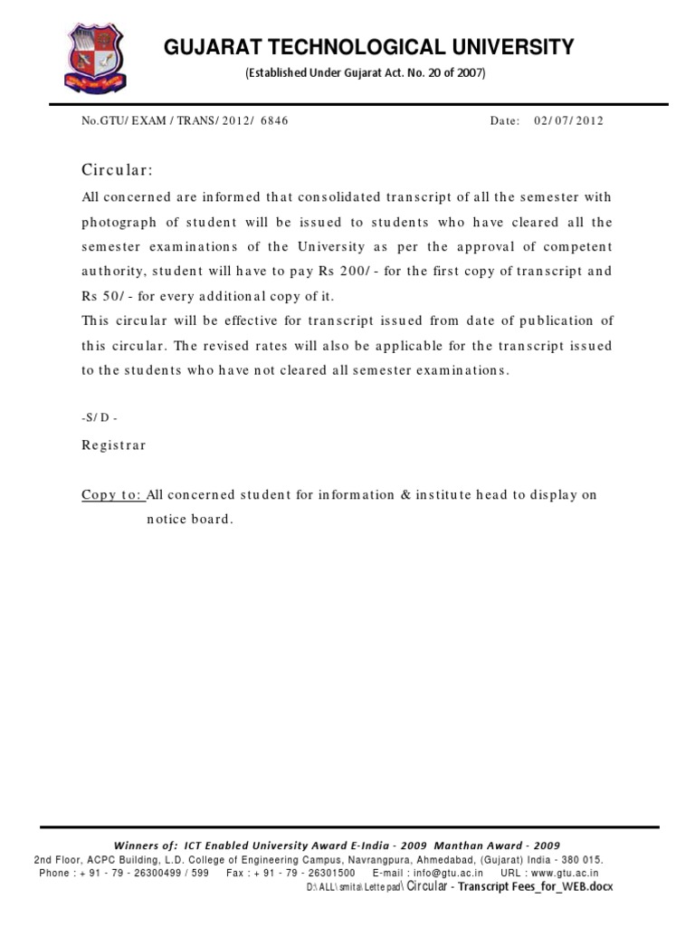 GTU Transcript Fees Circular | PDF