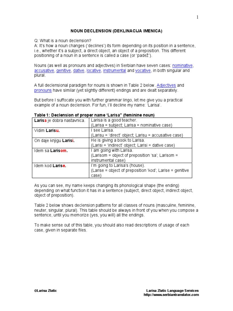 Serbian Noun Declensions | PDF | Grammatical Gender | Noun