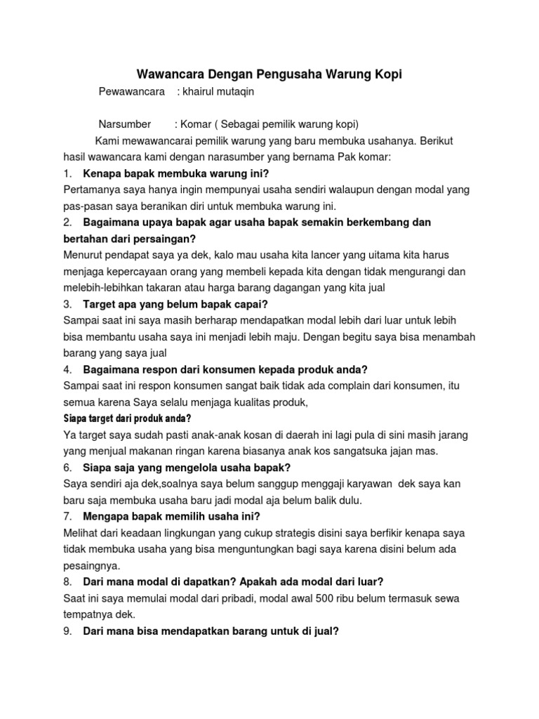 Contoh Pertanyaan Wawancara Dengan Pedagang Warung Mudah