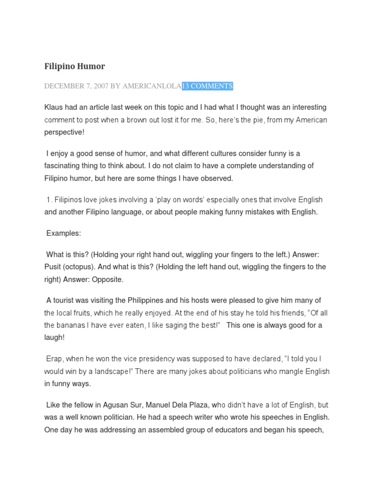 Filipino Humor PDF Irony Jokes