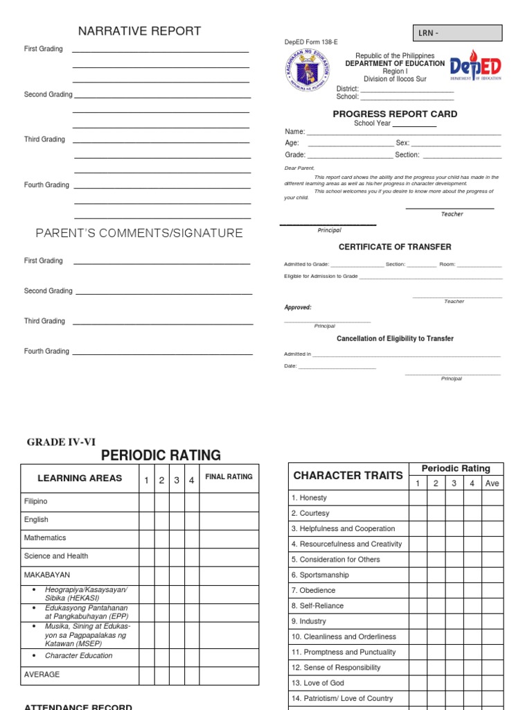Deped Form 138-e Report Card Grades 4 to 6 Blank