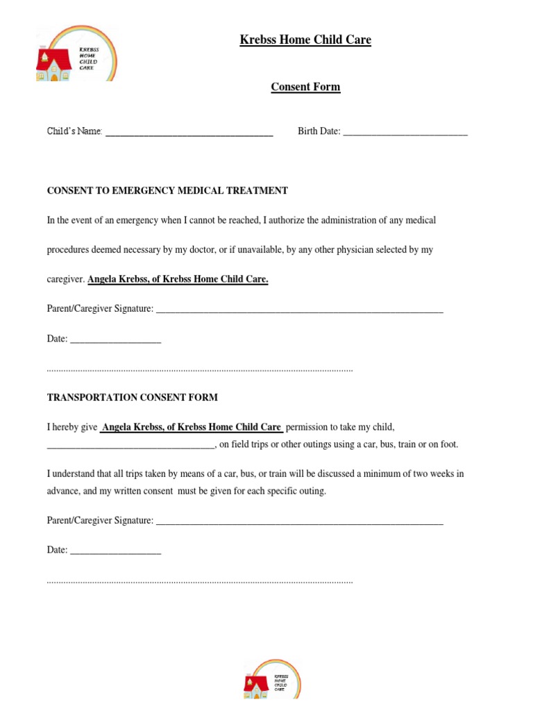 Krebss Home Child Care Consent Forms PDF Day Care