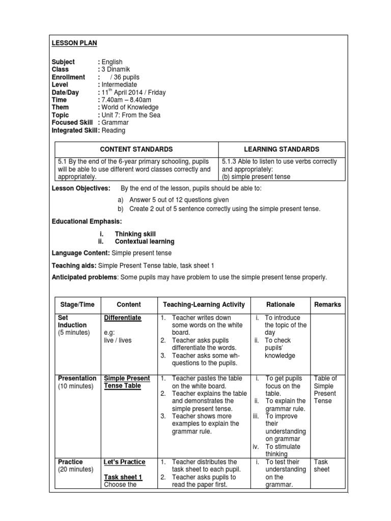 Year 3 Grammar Lesson Plan | PDF | Lesson Plan | Grammatical Tense