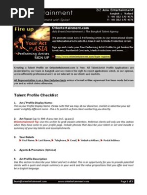 Performing Artist Profile Check List