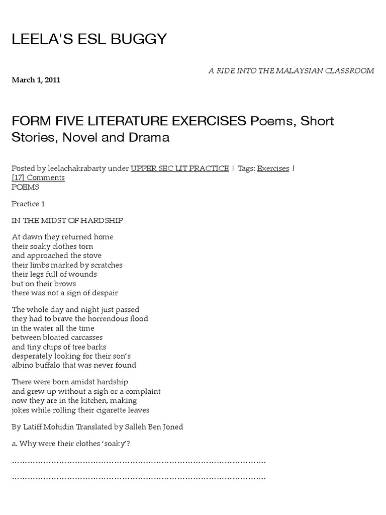 Form Five Literature Exercises Poems, Short Stories, Novel 