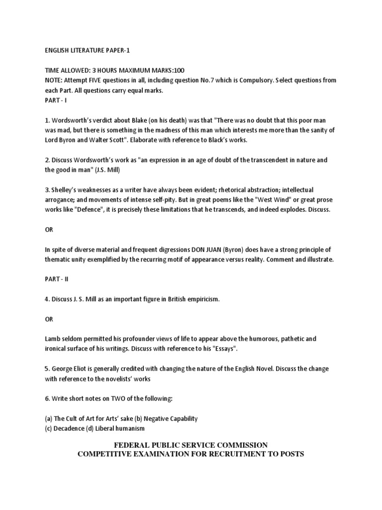 English Literature Exam Paper I | PDF | English Literature | John Keats