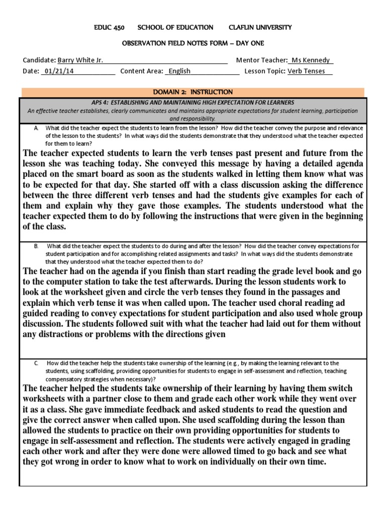 Observation Field Notes for Teaching Practice | PDF | Classroom | Teachers