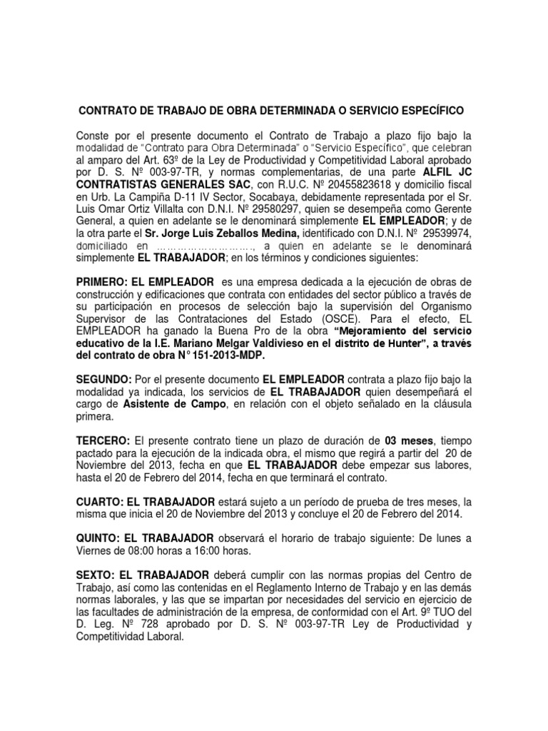 Contrato De Trabajo De Obra Determinada O Servicio EspecÍfico Jorge