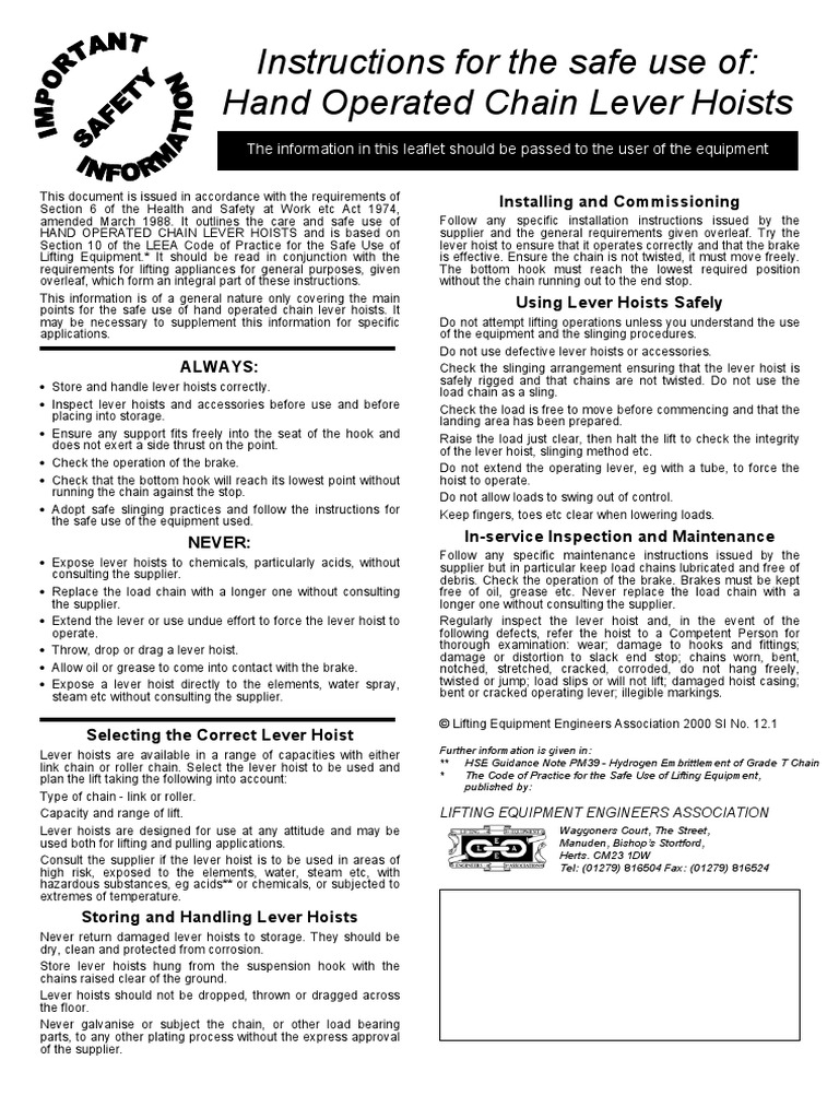 Hand Operated Chain Lever Hoists PDF Elevator Rope