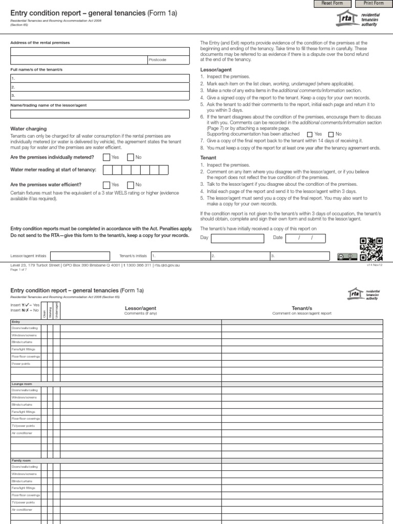 RTA Entry Condition Report Form | PDF | Lease | Bathroom