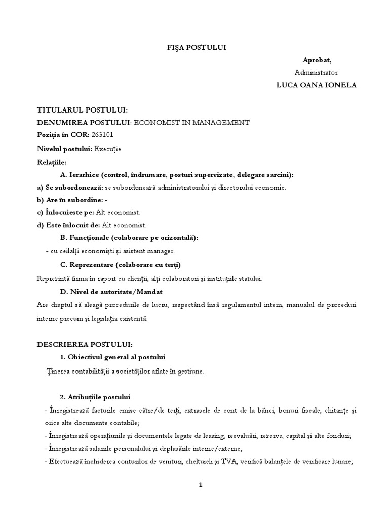 Fisa Postului Economist Model