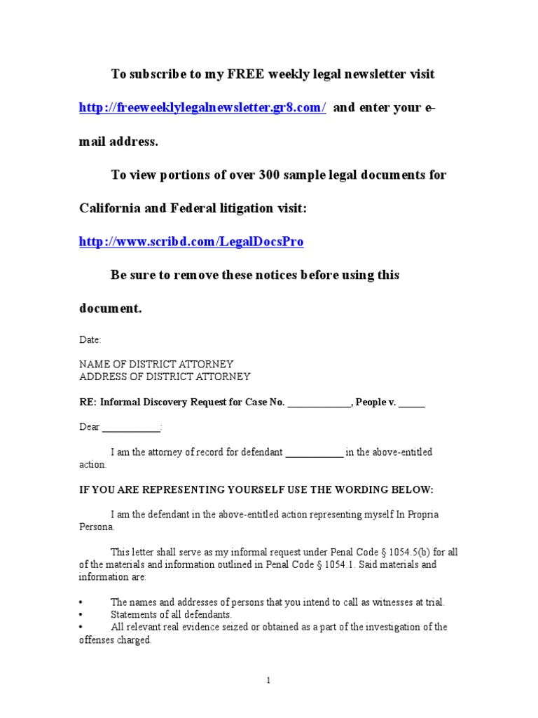 Sample Request for Discovery in California Under Penal Code Section