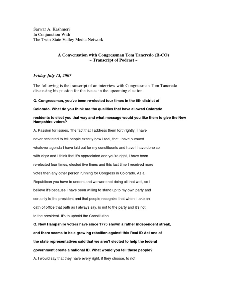 Ramos and Campean - Rep Tom Tancredo Interview Transcript | PDF ...