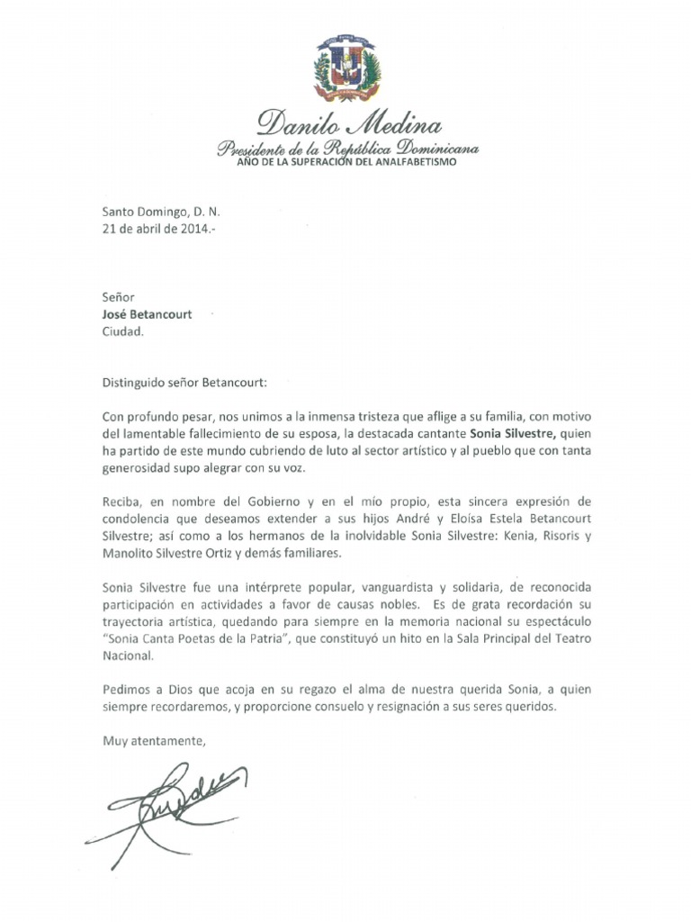Carta de Condolencias a José Betancourt por Fallecimiento de Sonia