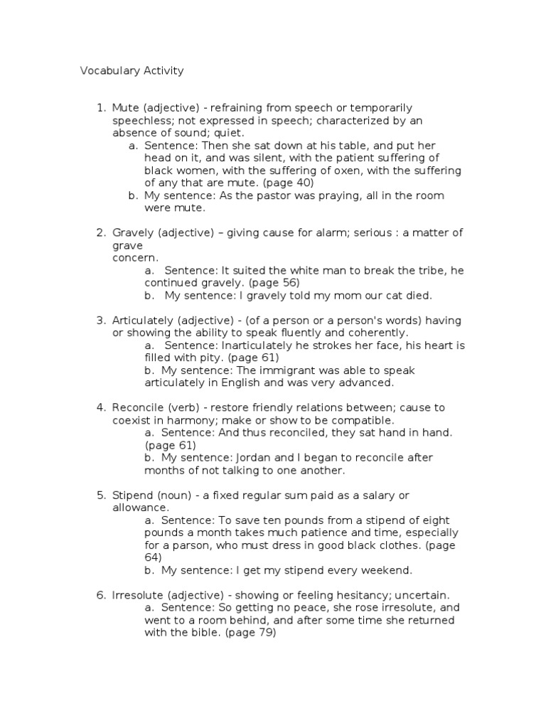 Vocabulary Activity 1. Mute (Adjective) Refraining From Speech Or
