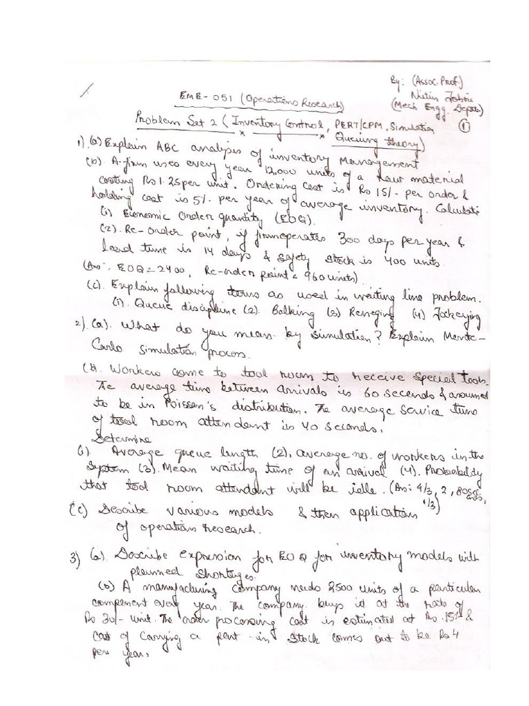 2nd Problem Set Operations Research - Pert/CPM, Queuing Theory ...