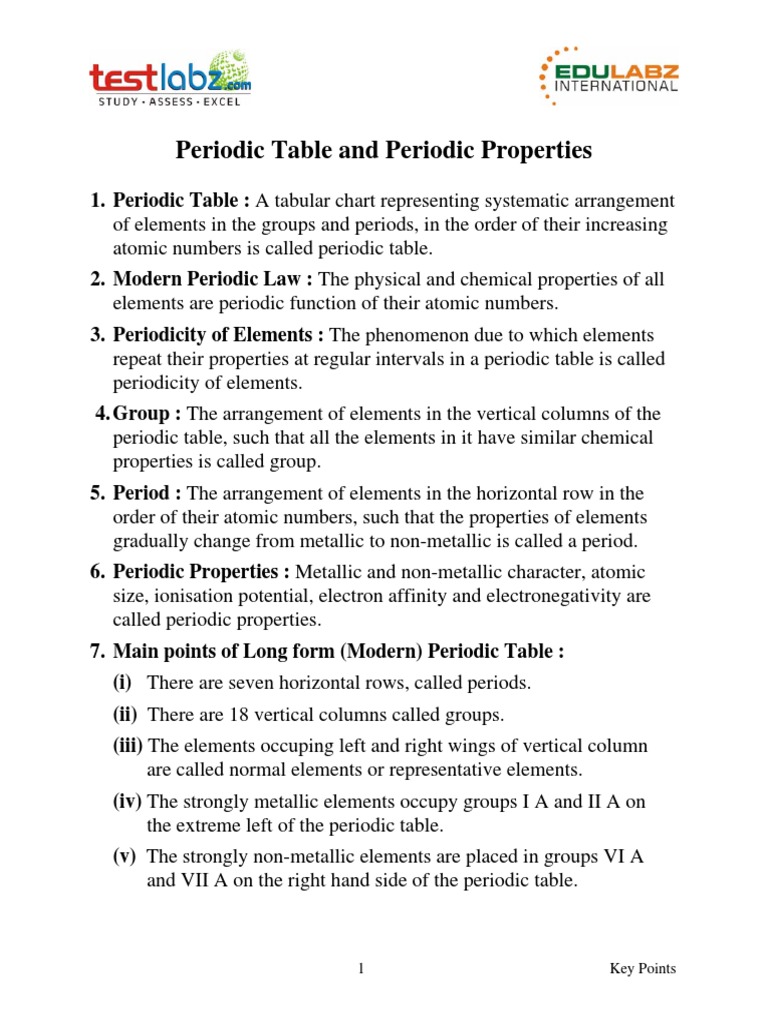 Periodic Table and Periodic Properties: 1 Key Points | PDF | Periodic ...