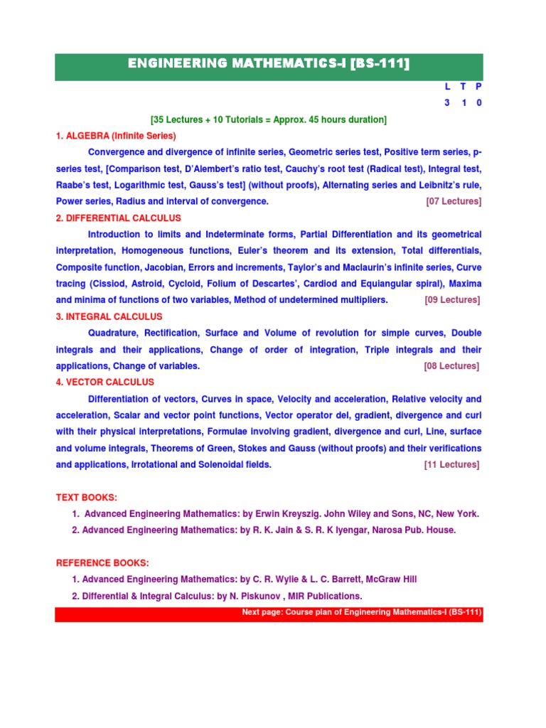 Engineering Math Course Outline | PDF | Series (Mathematics) | Divergence
