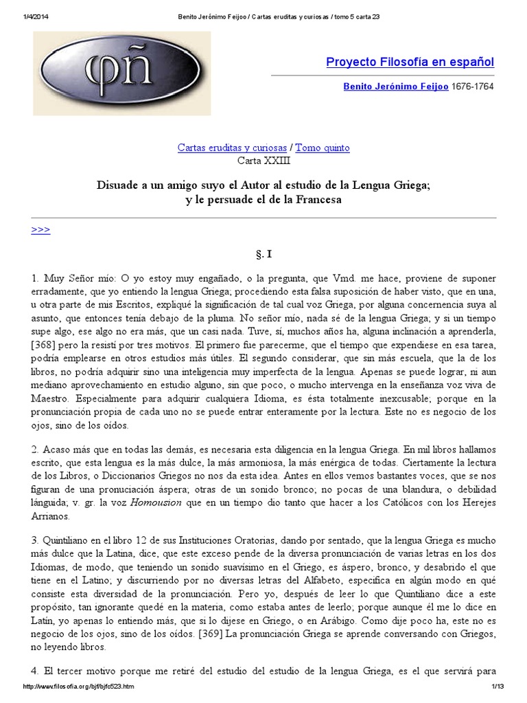 Benito Jerónimo Feijoo Cartas Eruditas y Curiosas Tomo 5 Carta 23 PDF Poesía Antigua