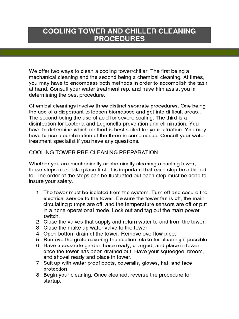 Cooling Tower and Chiller Cleaning Procedures PDF Water