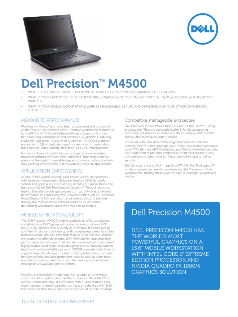 Dell Precision m4500 Spec Sheet Workstation Microsoft Windows