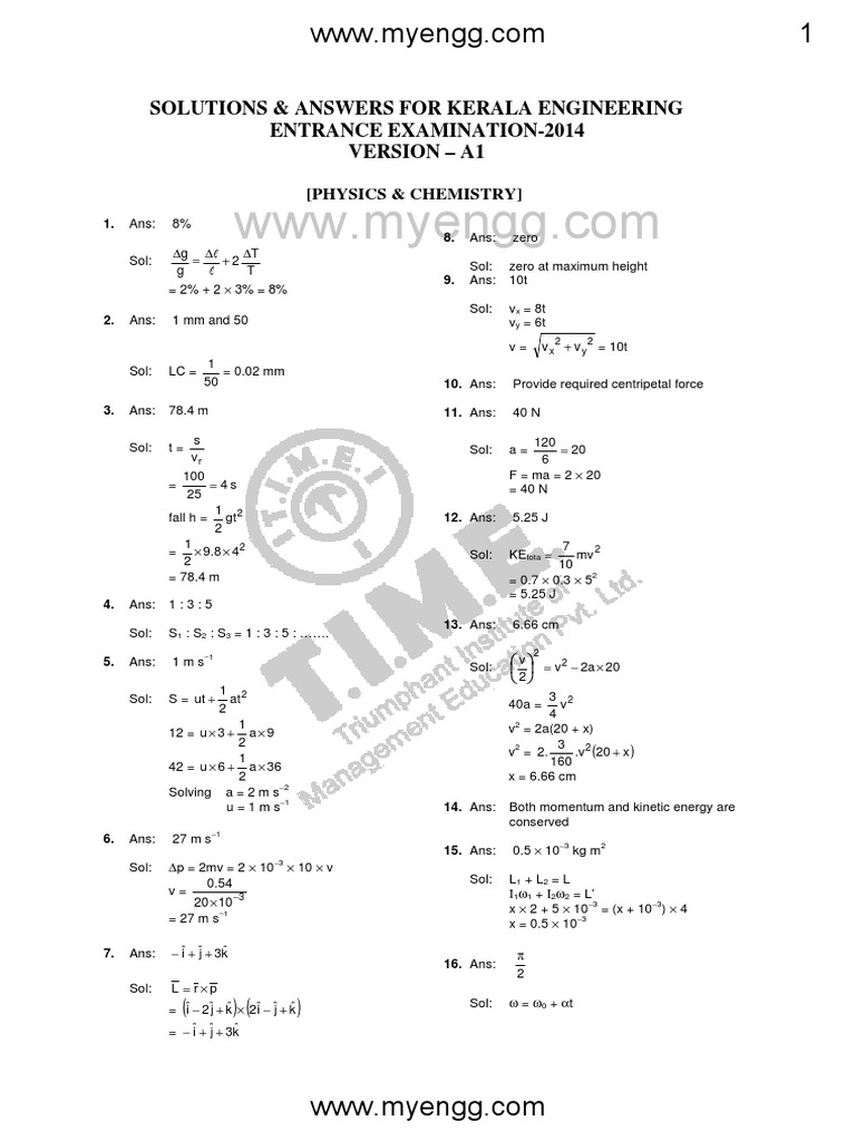 KEAM 2014 Physics & Chemistry Question Paper With Solutions PDF