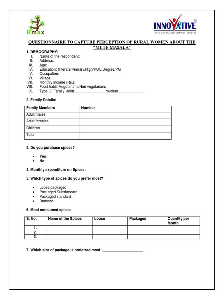 Questionnaire For Consumer Perception About The Mute Spices | PDF ...