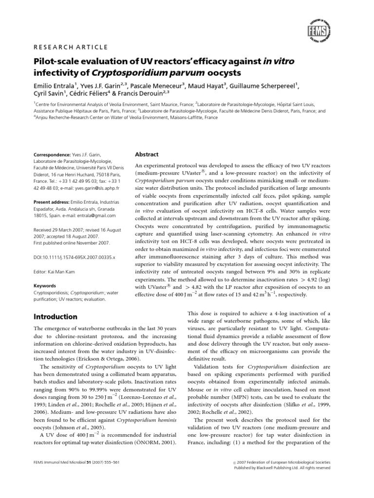 In Vitro Cryptosporidium Parvum PilotScale Evaluation of UV Reactors