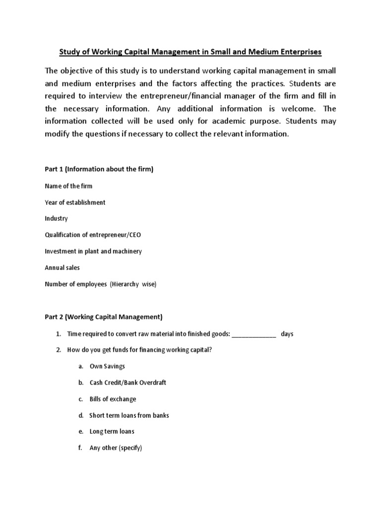 working capital management thesis questionnaire